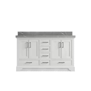 Charlotte 60 in. W x 22 in. D x 36 in. H Double Sink Bath Vanity in White with 2" Piatra Gray Qt. Top