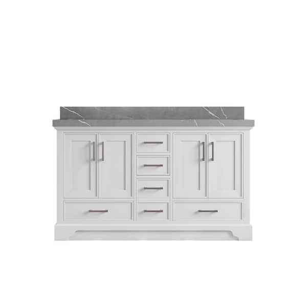 Willow Collections Charlotte 60 in. Double Sink Freestanding White Bath Vanity with Piatra Gray Qt. Top Unassembled