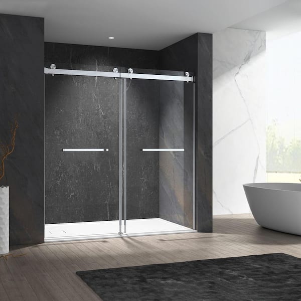 FORCLOVER 60 in. W x 76 in. H Double Sliding Frameless Shower Door in Nickel Finish with 3/8 in. Clear Glass