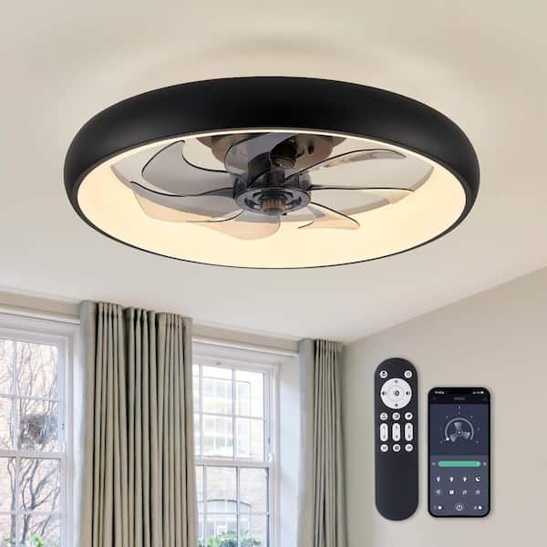 20 in. Smart Indoor Modern Black Round Low Profile Ceiling Fan with Dimmable LED with Remote Included for Bedroom