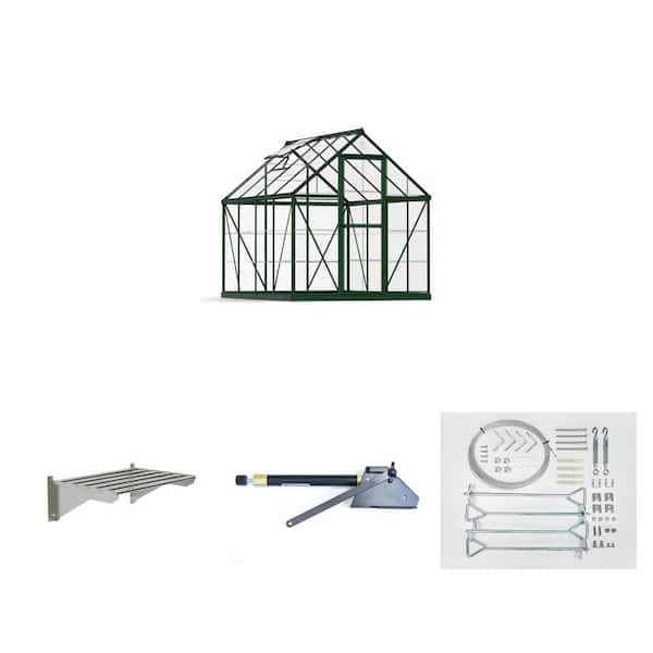 Harmony 6 ft. x 8 ft. Green/Clear Greenhouse Kit, Heavy Duty Shelf Kit, Automatic Louver Opener and Anchoring Kit