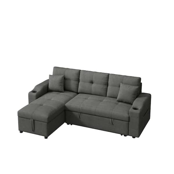 wetiny 96 in. W Square Arms Polyester Mid-Century L Shaped eversible Sectional Sofa in Light Gray
