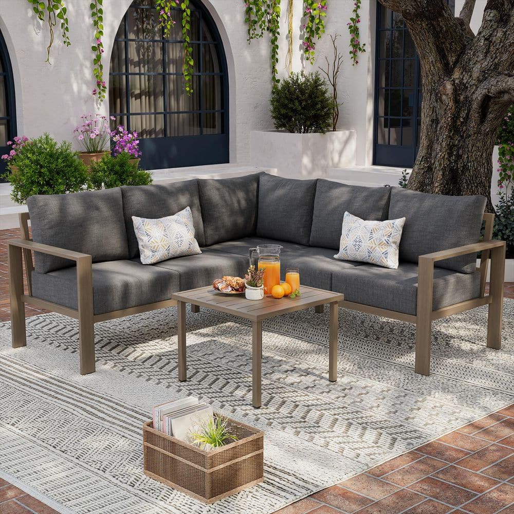 【SEPABATH 】MINNANO CUSHION LARGE Poteban Wood-Grain Finish 4-Piece Metal L-Shaped Patio