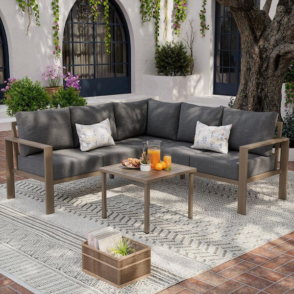 Wood-Grain Finish 4-Piece Metal L-Shaped Patio Conversation Set with Gray Cushions