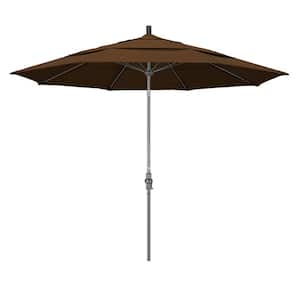 11 ft. Hammertone Grey Aluminum Market Patio Umbrella with Collar Tilt Crank Lift in Teak Olefin