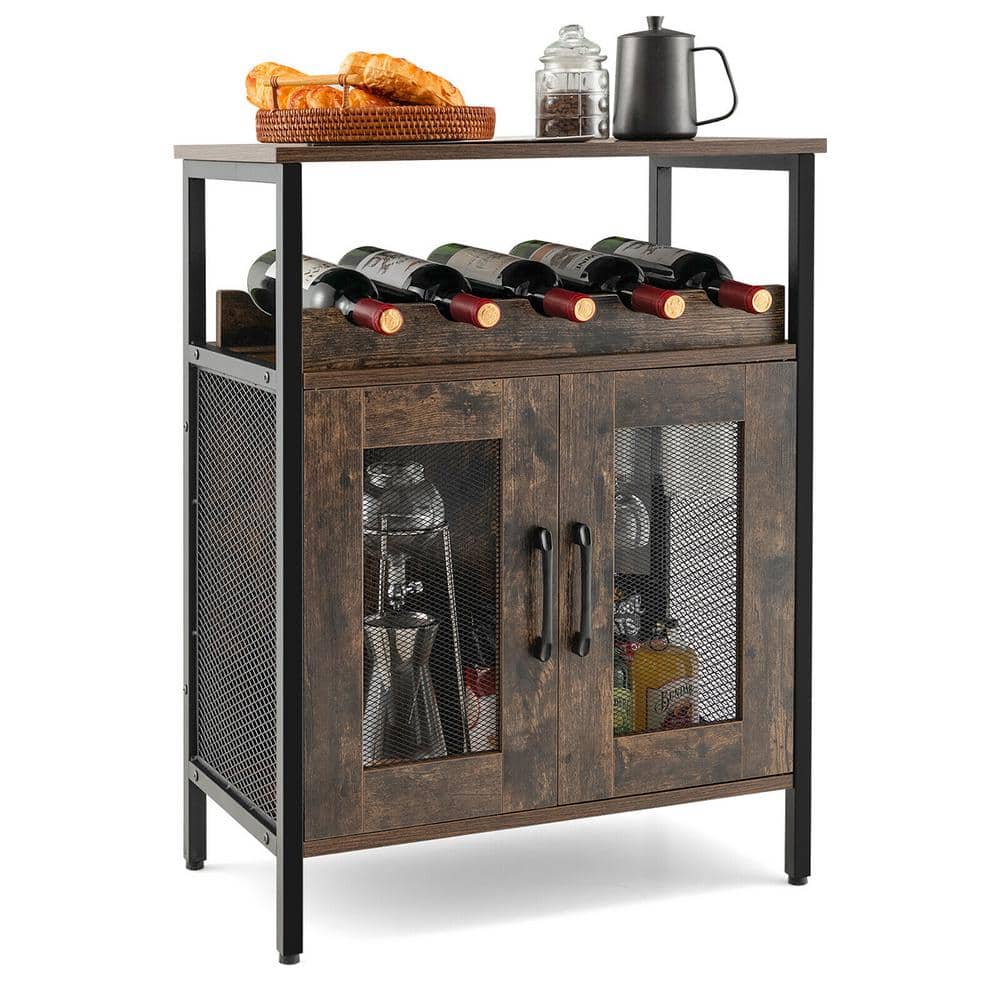 Gymax Rustic Brown Wooden 23.5 in. Industrial Liquor Bar Cabinet Buffet  Sideboard Detachable Wine Rack Glass Holder GYM10889 - The Home Depot