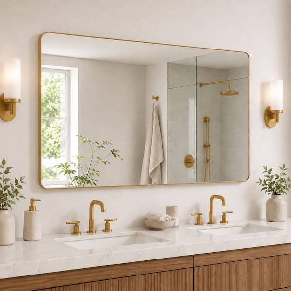 60 in. W x 36 in. H Rectangular Framed Wall Bathroom Vanity Mirror in Brass