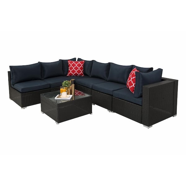 Unbranded Black 7-Piece PE Rattan Wicker Outdoor Sectional Sofa Sets with 2 Pillows Coffee Table and Dark Gray Cushions