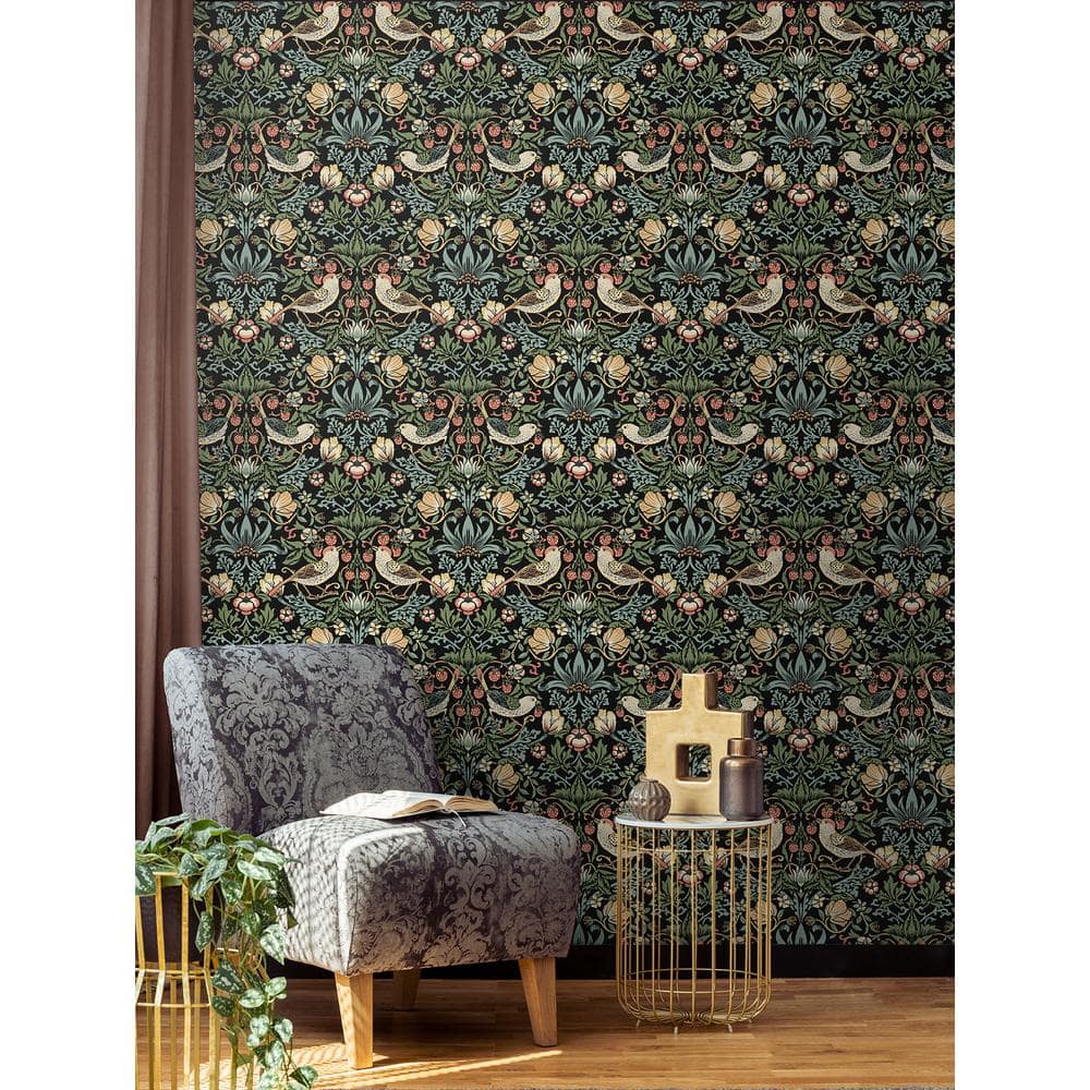 Ebony Garden Bird and Floral Peel and Stick Wallpaper