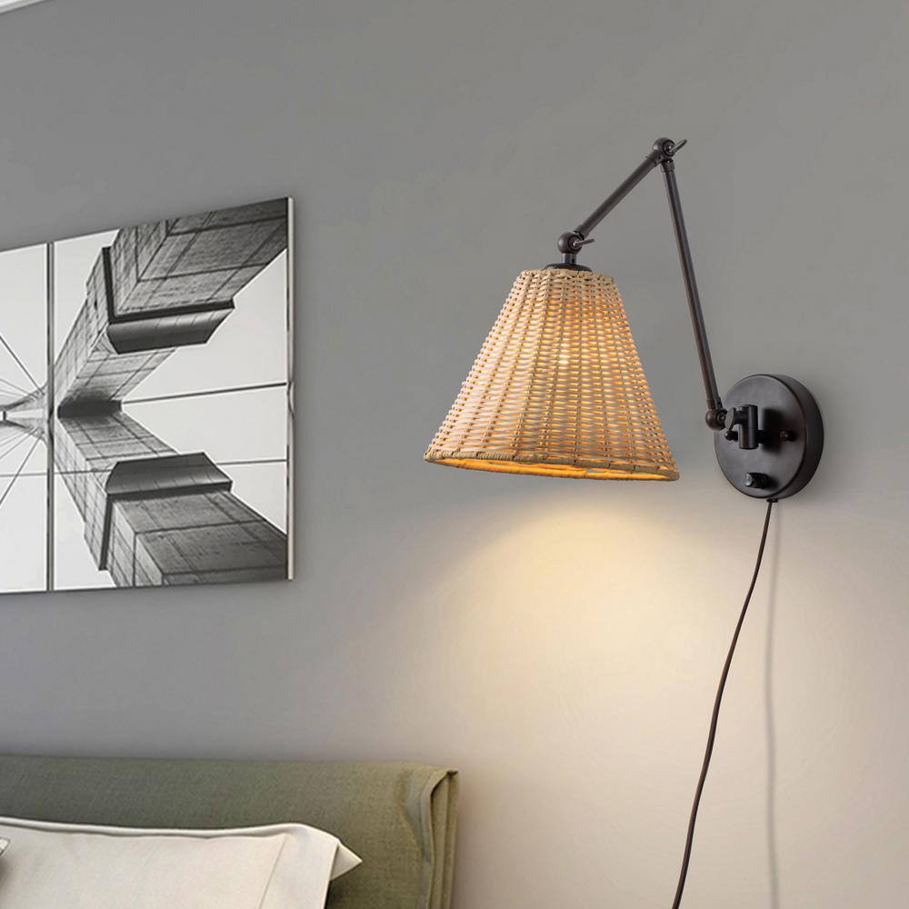 Adjustable Bronze Swing Arm Wall Lamp with Woven Rattan Shade