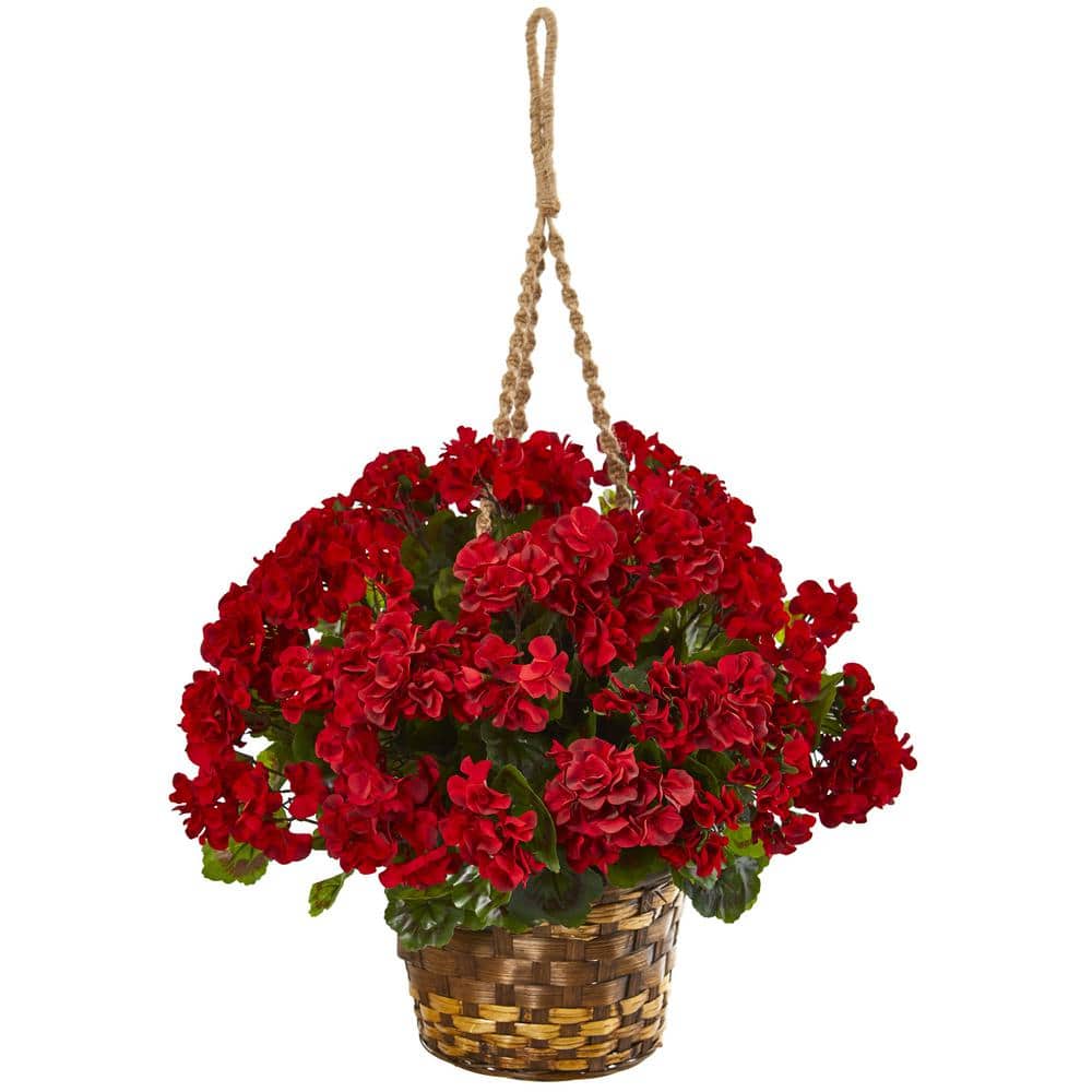 Nearly Natural 19 In Uv Resistant Indoor Outdoor Geranium Hanging Basket Artificial Plant 6421 Rd The Home Depot