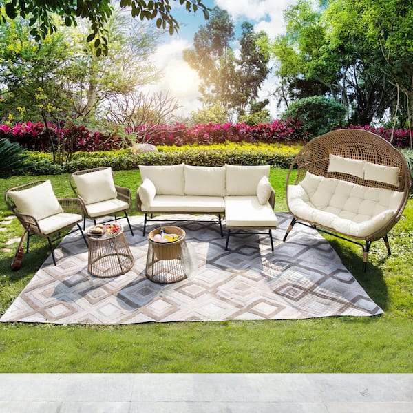 6-Piece Boho Outdoor Furniture Patio Wicker Conversation Sectional Set with Double Egg Chair, Ice Bucket, Beige Cushion