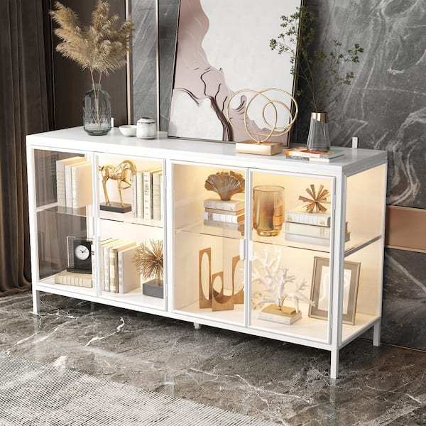 White 29.5 in. H Wood Accent Storage Cabinet Cupboard with Tempered Glass Doors, Glass Shelves, 3-Color LED Lights