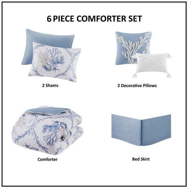 HARBOR HOUSE Pismo Beach 6 Piece Blue White Cotton Queen Oversized Comforter Set with Throw Pillows HH10 1838 The Home Depot