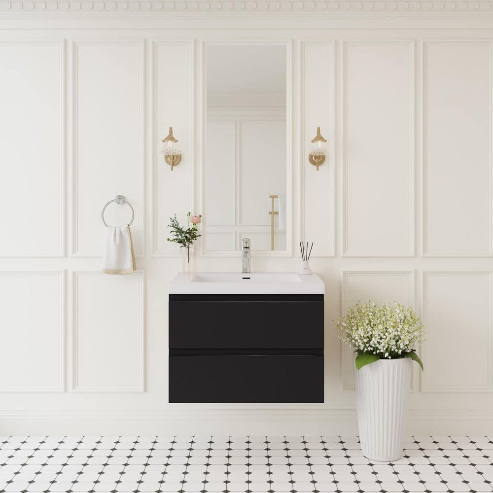 30 in. W Floating Bathroom Vanity in Glossy Black with White Resin Top Basin, Soft Close Drawers price history on PriceWatchPro
