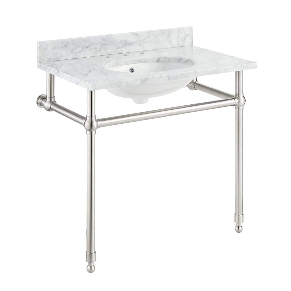 Verona 34.5 in. Console Sink in Brushed Nickel with Carrara White Counterto