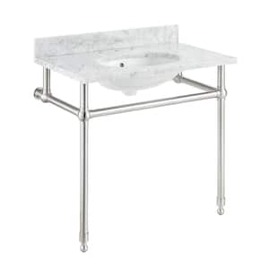 Verona 34.5 in. Console Sink in Brushed Nickel with Carrara White Countertop