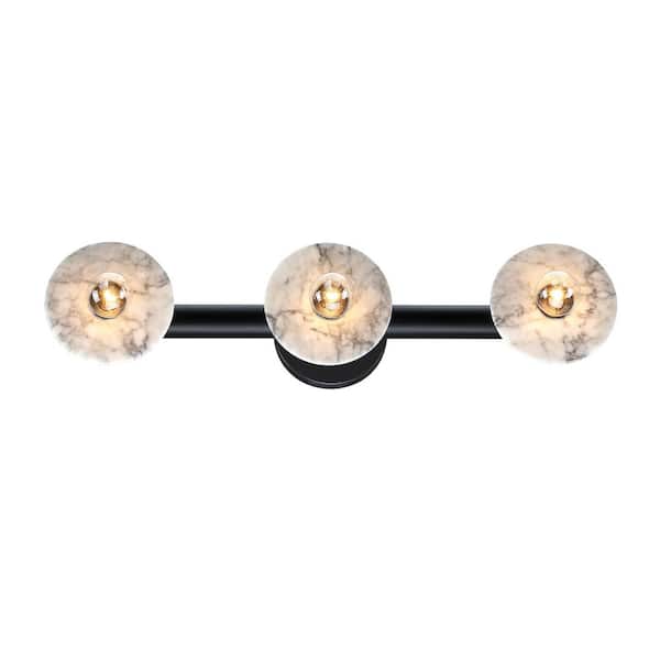 Fina 24.75 in. 3-Light Matte Black Vanity Wall Light with Natural Marble for Bathrooms