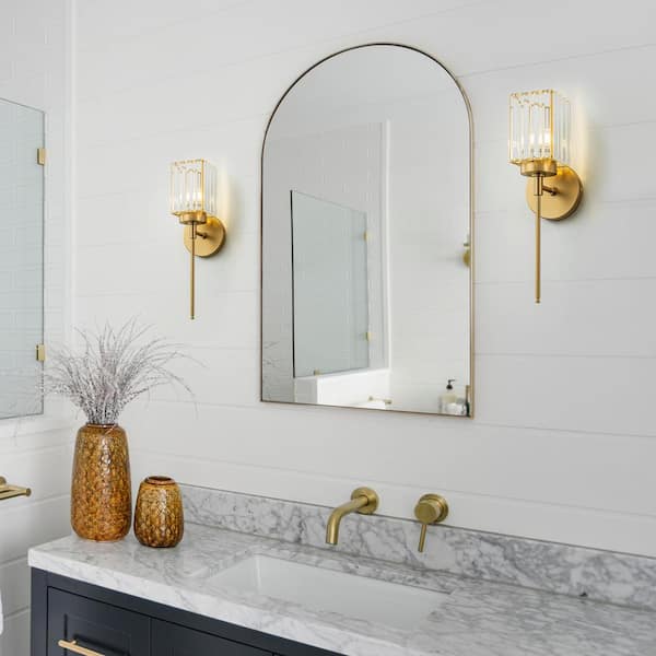 Orillia 4.72 in. 1-Light Modern Industrial Gold Bathroom Vanity Light with Crystal Rectangular Shades