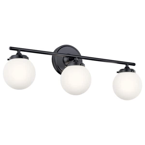 Wynton 24 in. 3-Light Black Mid-Century Modern Bathroom Vanity Light with Satin Etched Cased Opal Glass