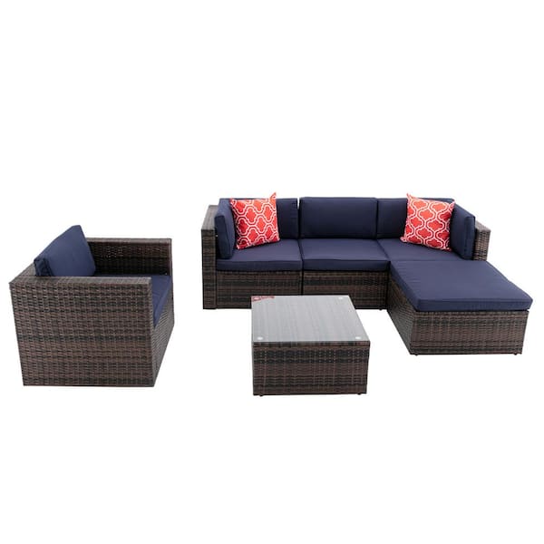 Mondawe 6-Piece Wicker Outdoor Conversation Sectional Set Rattan Chair and Table Sofa Set with Navy Blue Cushions