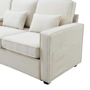 114.20 in. Straight Arm Polyester Rectangle Sofa in Beige with Console, Cup Holders and USB Ports