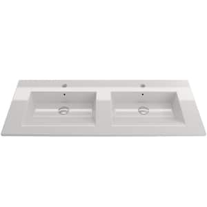 Ravenna Wall-Mounted 48 in. Double Bowl White Fireclay Rectangular Vessel Sink for Two 1-Hole Faucets with/Overflow