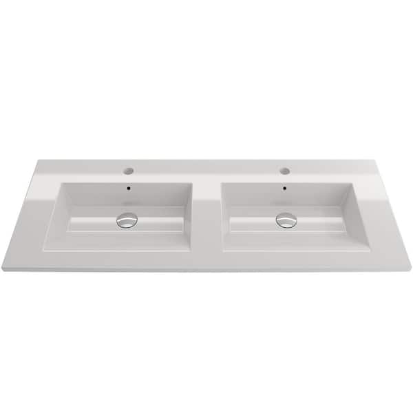 BOCCHI Ravenna Wall-Mounted 48 in. Double Bowl White Fireclay Rectangular Vessel Sink for Two 1-Hole Faucets with/Overflow