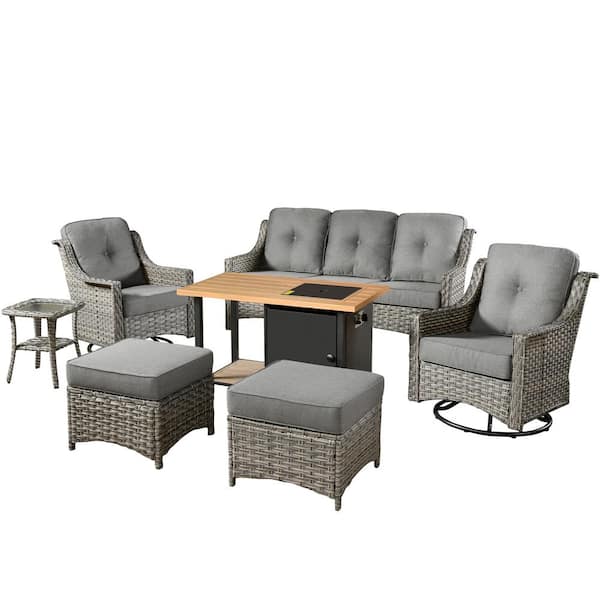 Verona Grey 7-Piece Wicker Outdoor Fire Pit Patio Conversation Sofa Set with Swivel Chairs and Dark Gray Cushions