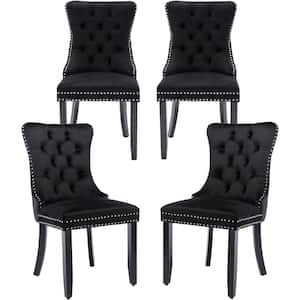 Modern Black Velvet Dining Chairs Set of 4, Tufted Upholstered Wing Back Chairs with Back Ring Pull, Nailhead Trim