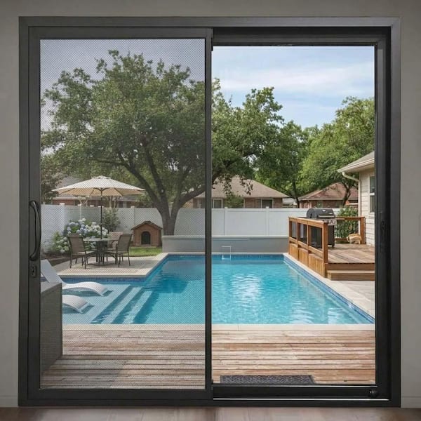 96 in. x 80 in. Matte Black Left Handle Aluminum Sliding Patio Door with Low-E glass, Screen, and Lockset