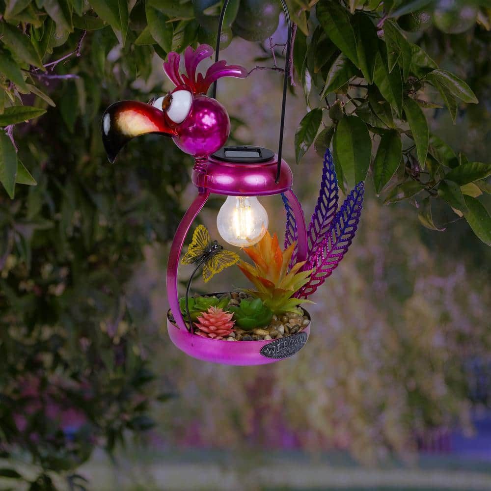 16" Solar Pink Flamingo Metal Garden Decor with LED Light