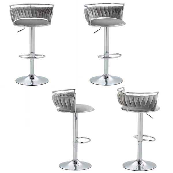 Uixe 38.5 in. Modern Silver Metal Frame Low Back Swivel Adjustable Height Bar Stool with Gray Velvet Seat (set of 4)