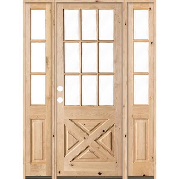 60 in. x 96 in. Knotty Alder 2 Panel Right-Hand/Inswing Clear Glass Unfinished Wood Prehung Front Door w/Double Sidelite