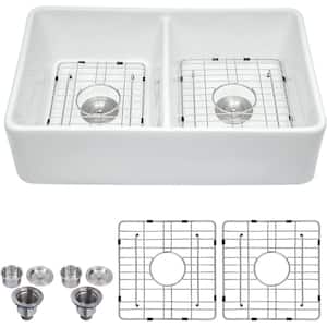 White Ceramic 32 in. Double Bowl Farmhouse Apron Workstation Kitchen Sink