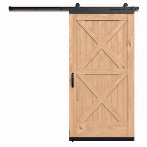 36 in. x 80 in. Karona Crossbuck Unfinished Rustic White Oak Wood Sliding Barn Door with Hardware Kit