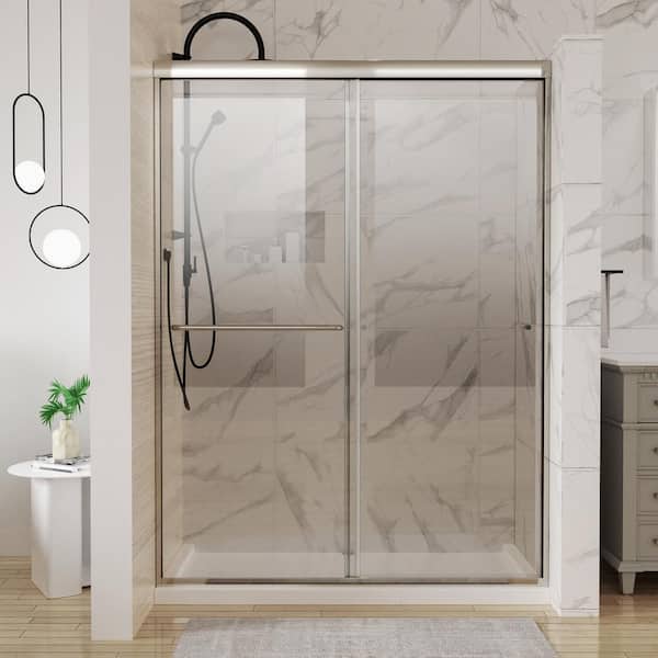 INSTER AIM 54 in. W. x 72 in. H Sliding Framed Shower Door in Brushed Nickel with clear