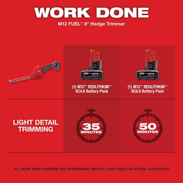 M12 FUEL 8 in. 12V Lithium-Ion Brushless Cordless Hedge Trimmer Kit w 4.0 Ah Battery and Charger, M12 HO 5.0 Ah Battery