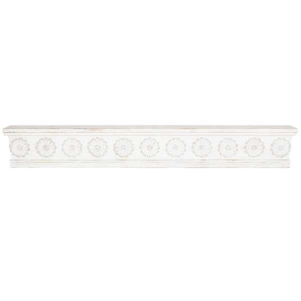 Litton Lane 72 in. W x 8 in. D White Wooden Floral Decorative Wall Shelf with Brown Distressing