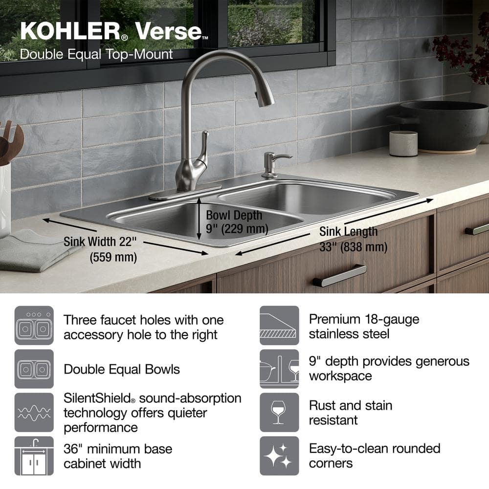 33'' Brushed Stainless Steel Double Bowl Drop-In Kitchen Sink