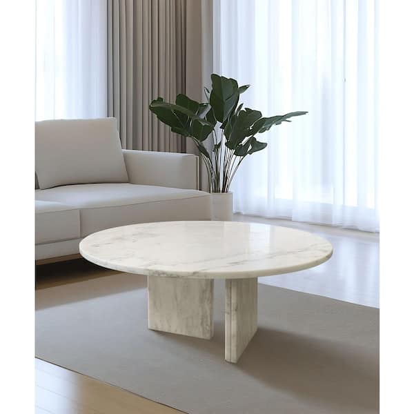 Tavora 27.6 in. White Round Marble Stone Coffee Table, Genuine Marble