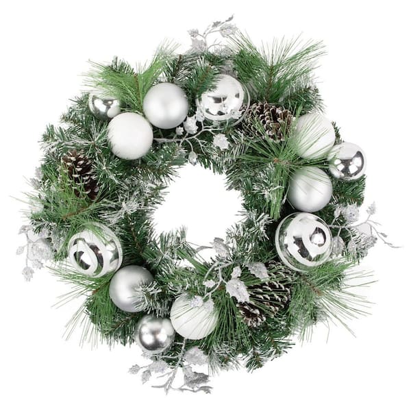 24 in. Unlit Green Pine Needle Artificial Christmas Wreath with Pinecones and Christmas Ornaments