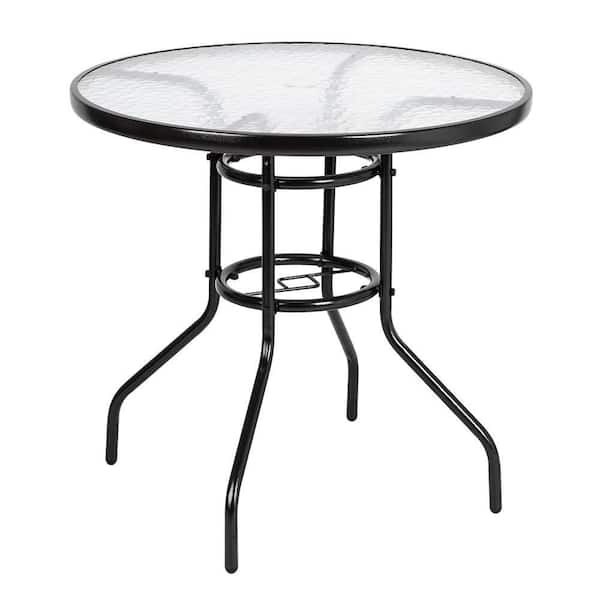 Unbranded Patio Bistro Table Round Outdoor Coffee Table, Round Tempered Glass Top with 1.73 in. Umbrella Hole