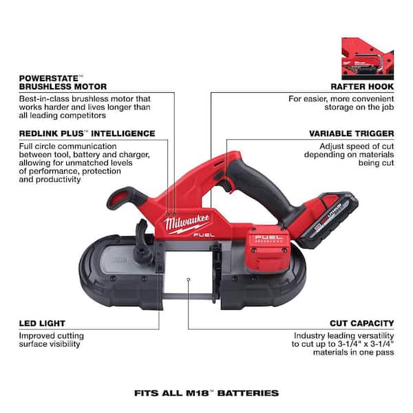 M18 FUEL 18V Lithium-Ion Brushless Cordless Compact Bandsaw Kit with Two 3.0 Ah High Output Batteries