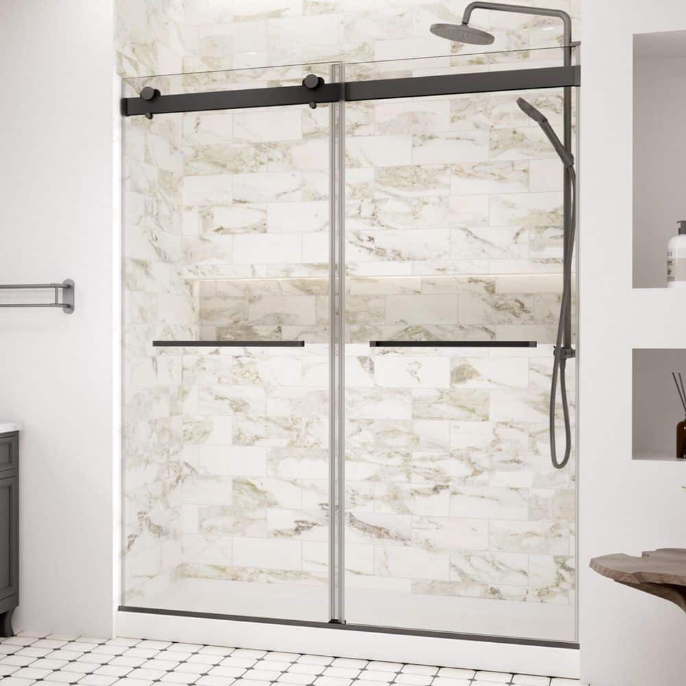 "Frameless Double Sliding Glass Shower Door, 56-60""W x 74""H 5/16""8mm Shower Doors Soft-Closed for Bathroom, Matte Black" price history on PriceWatchPro