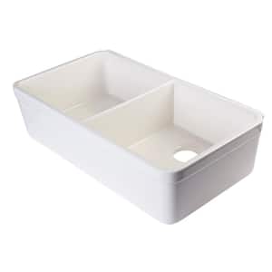 Decorative Lip Farmhouse Apron Fireclay 32 in. Double Basin Kitchen Sink in Biscuit