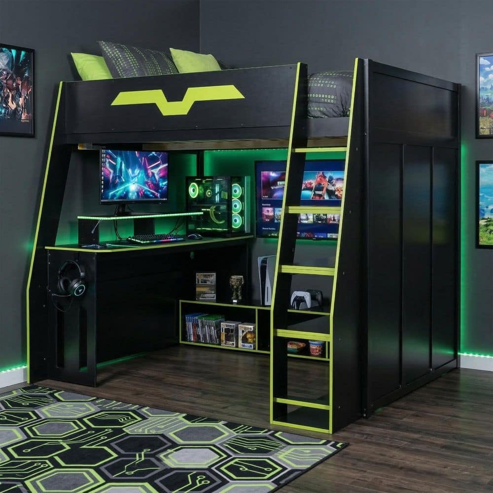 Gaming Style Green Full Size Wood Loft Bed with Built-in Desk, RGB Light, Storage Shelves, Compartments price history on PriceWatchPro