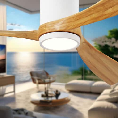 52 in. Indoor White Low Profile Ceiling Fan with Solid Wood Blades and Full Spectrum Light and Reversible DC Motor Ceiling Fans
