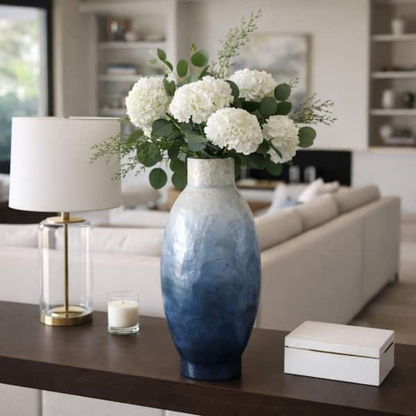 24 in. Ivory/Blue Capiz Shell Ombre Round Decorative Vase