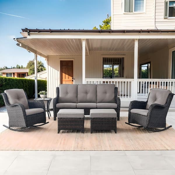 Carlos 6-Piece Brown Wicker Patio Conversation Set 3-Seat Sofa with Rocking Chairs, Side Table and Gray Cushions